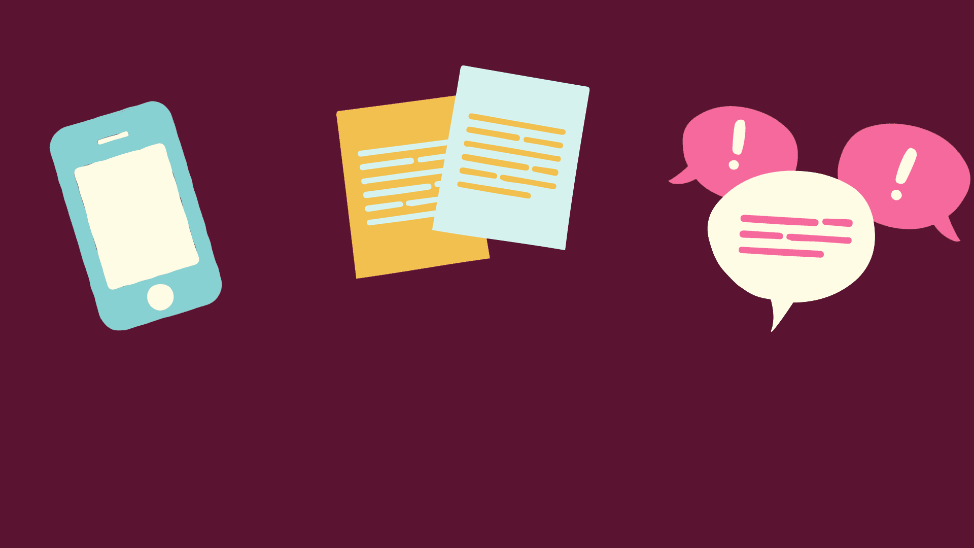 Illustrationer som föreställer mobiltelefon, dokument och pratbubblor.