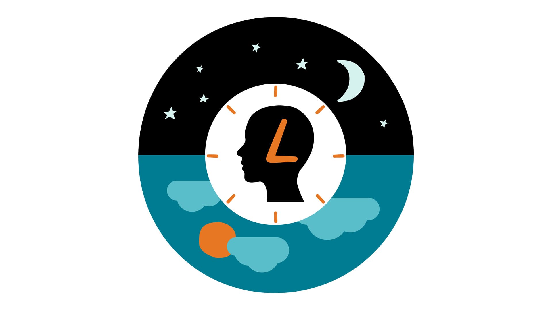 illustration av en klocka med en människas huvud i profil i mitten. Ovanför klockan syns en mörk stjärnhimmel. Under klockan syns en blå himmel med moln och en sol.