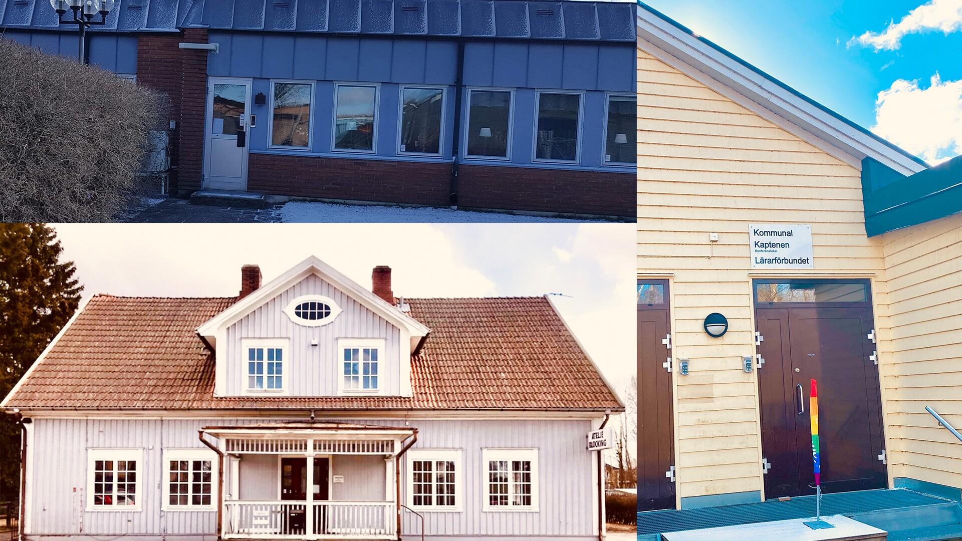 Överst till vänster Hjo, nederst till vänster Tibro och till höger kontoret i Karlsborg.