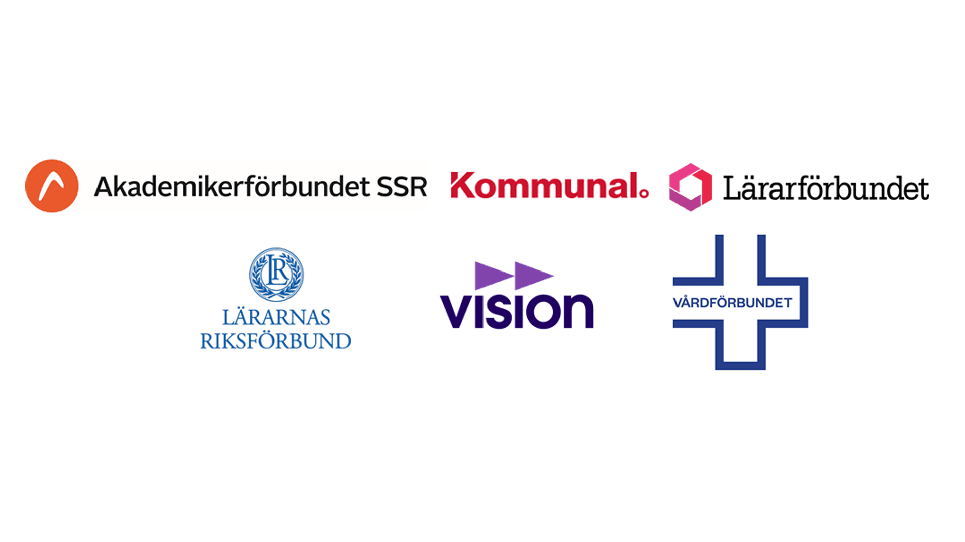 Logotyper för Akademikerförbundet SSR, Kommunal, Lärarförbundet, Lärarnas riksförbund, Vision och Vårdförbundet.
