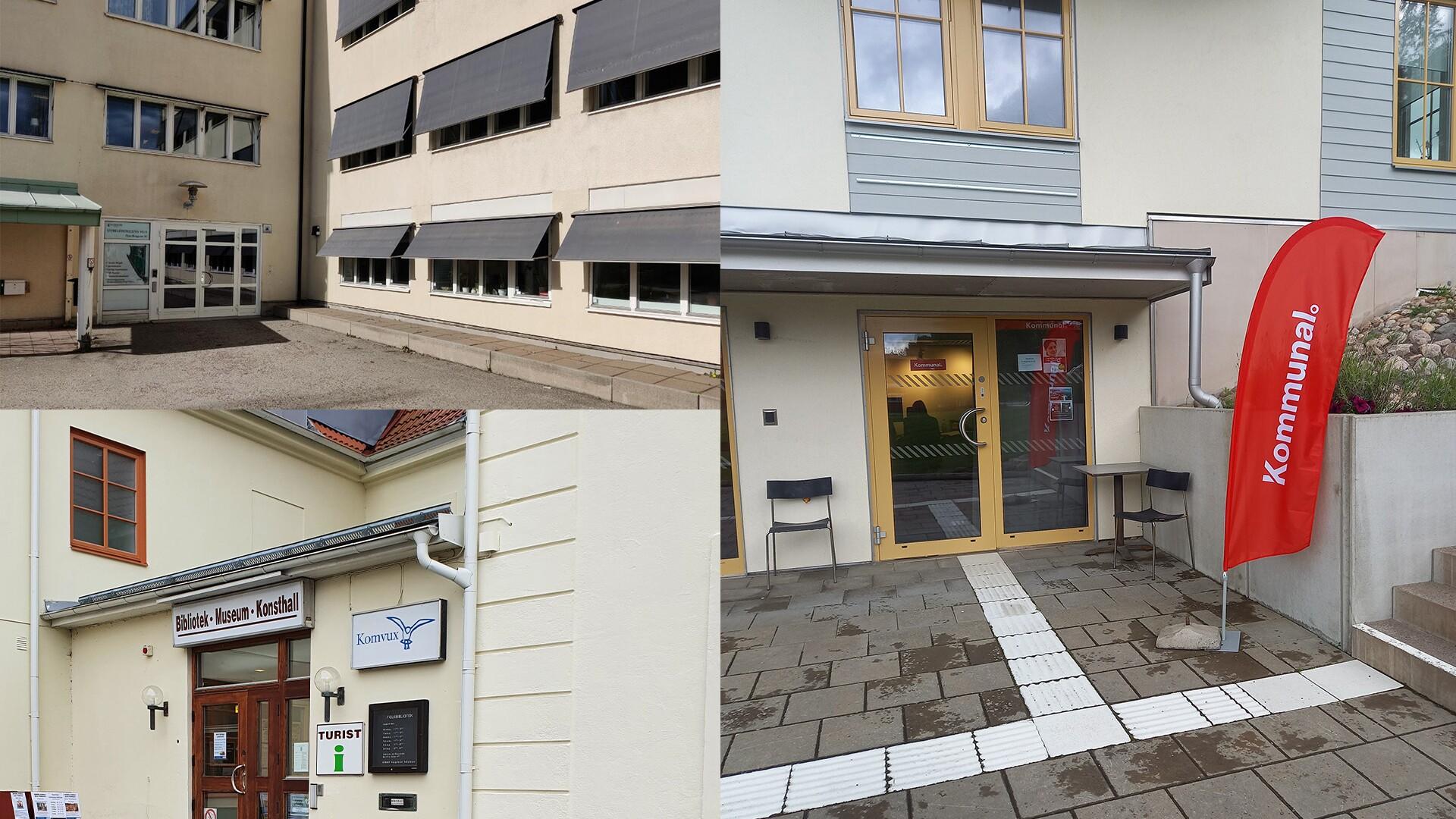 Uppe till vänster kontoret i Alingsås, nere till vänster kontoret i Herrljunga och till höger i bild kontoret i Vårgårda.