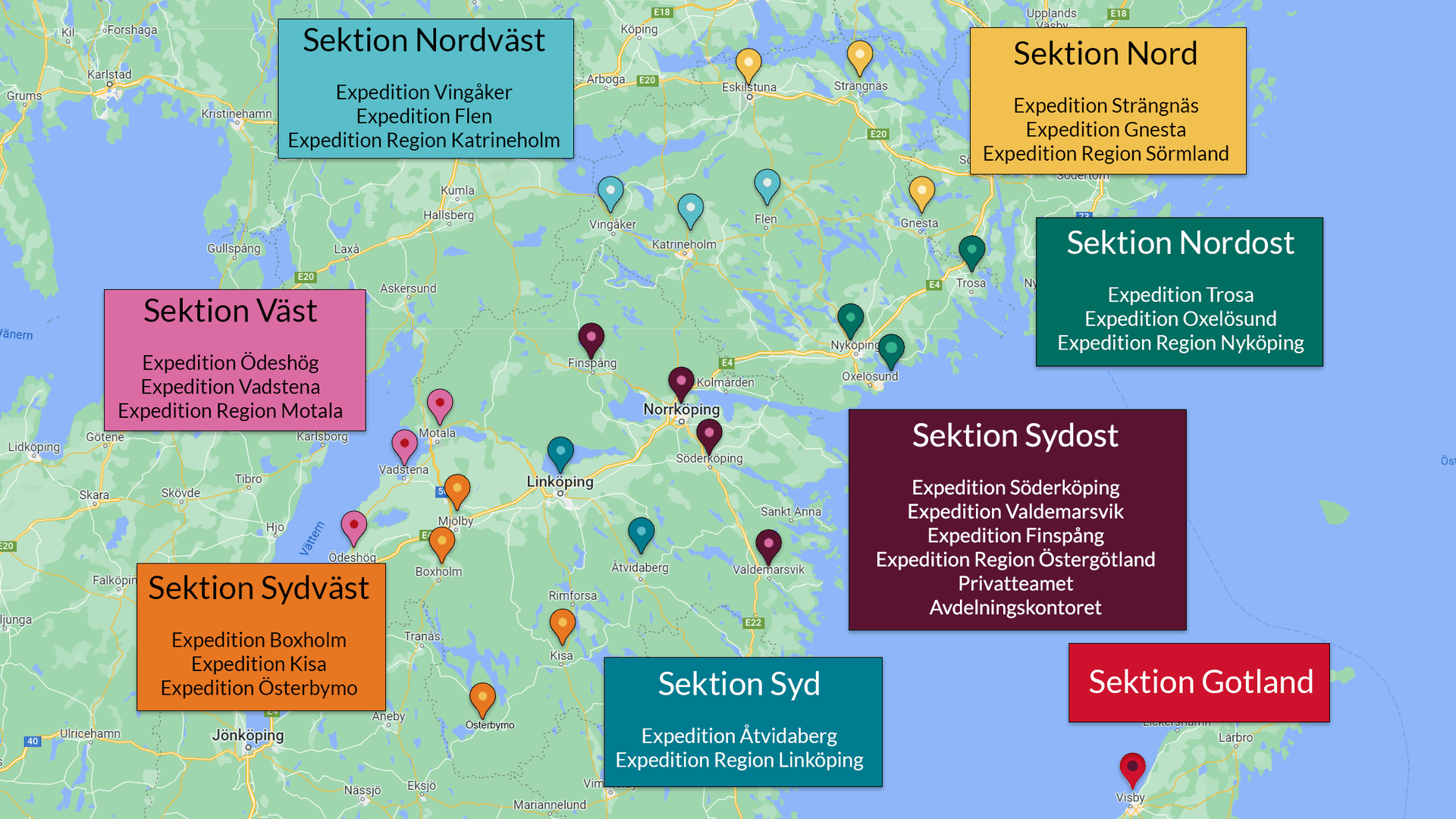 Karta över sektionerna/expeditionerna i Öst.