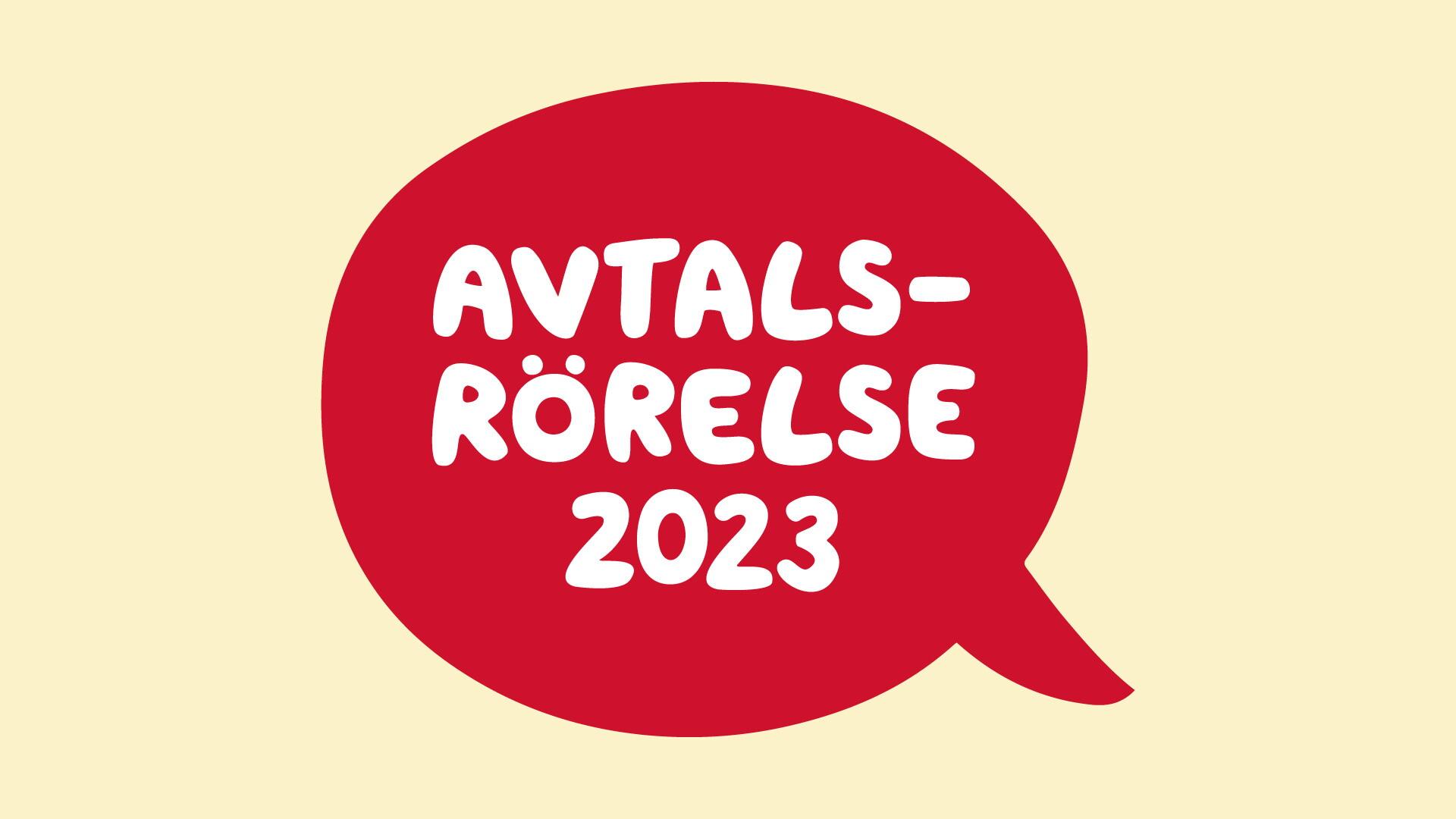Röd pratbubbla med texten "Avtalsrörelse 2023".