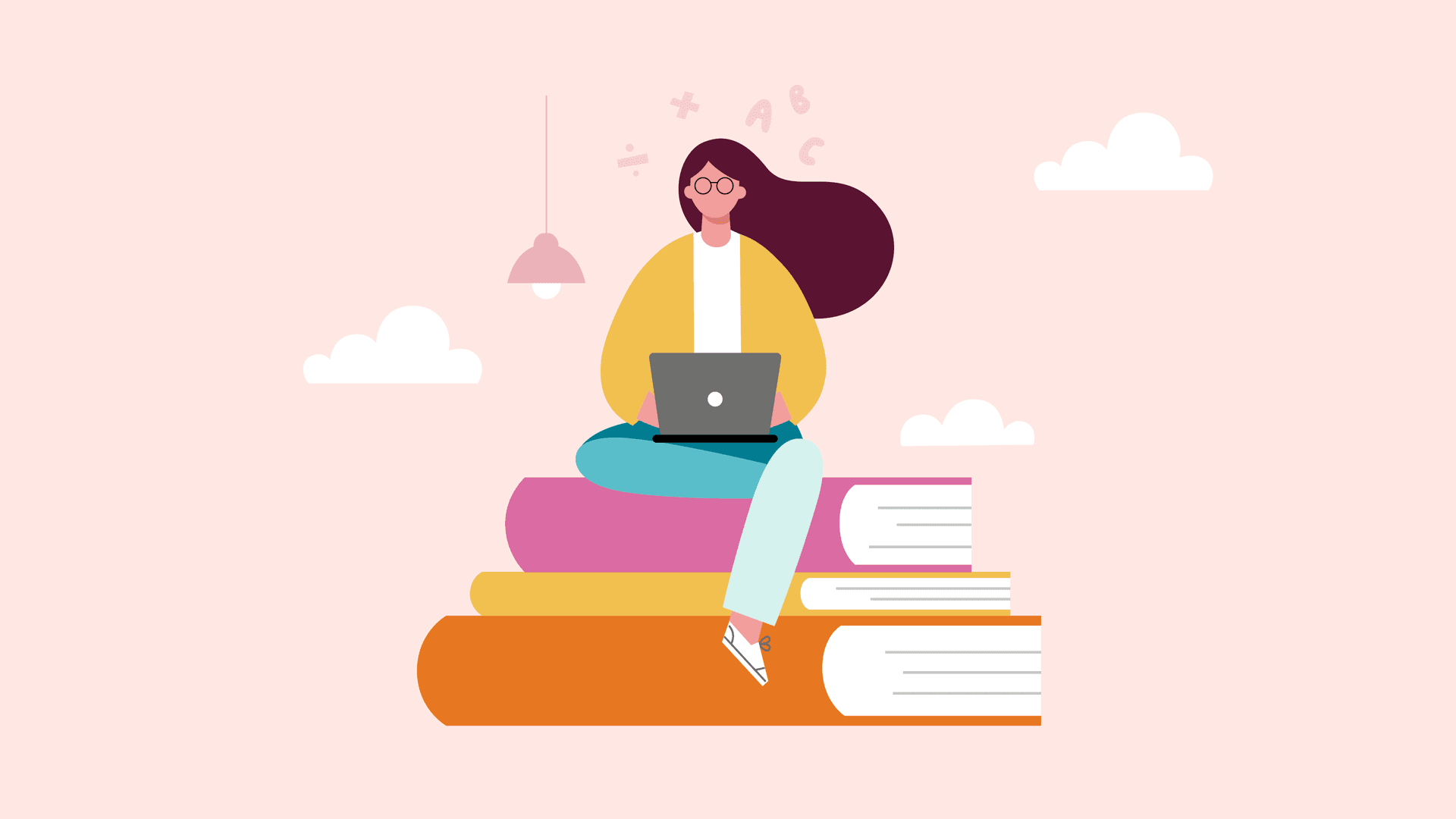 Illustration av en kvinna som sitter på en hög med böcker. I knäet har hon en bärbar dator.