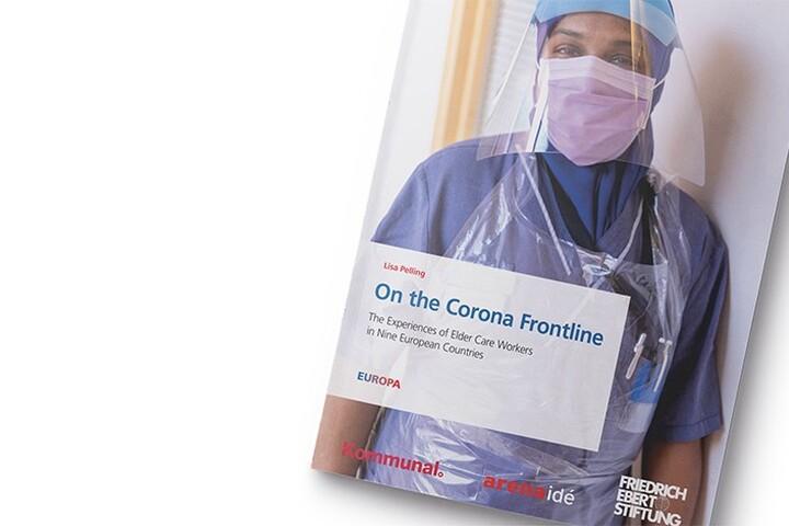 Bild på omslag till rapporten "On the Corona frontline", med kvinna i skyddskläder i bakgrunden. 