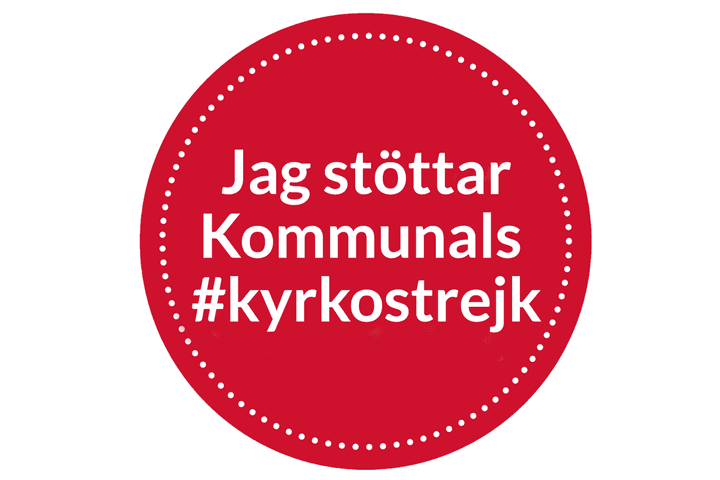 Röd cirkel med texten "Jag stöttar Kommunals #kyrkostrejk"